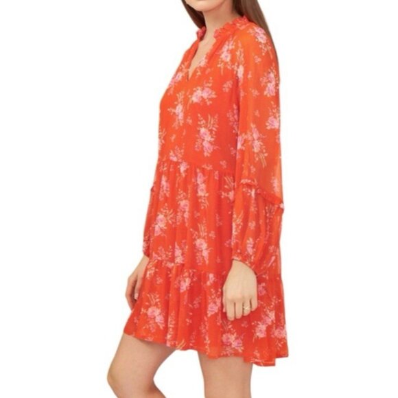 Vince Camuto Dress Orange Floral L Large Fluttery Floral Print Long Sleeve NEW - Picture 3 of 10